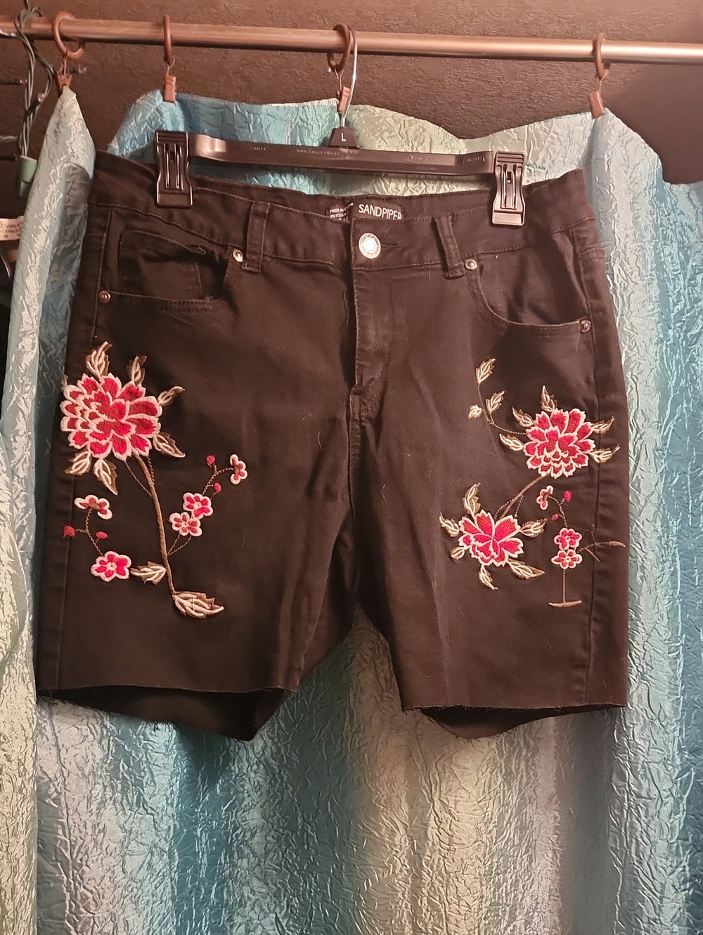 Sandpiper Black Denim Shorts with Pink Floral Embroidery
